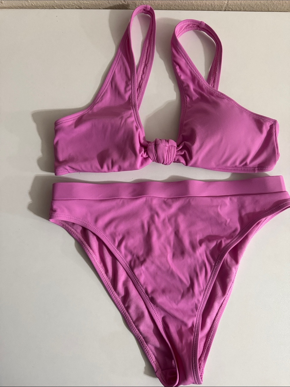 Cabana Del Sol Knot-Front Ribbed Pink Bikini Set